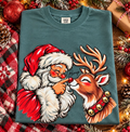 Comfort Colors Blue Spruce graphic tee with Santa touching the nose of a red-nosed reindeer