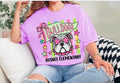 Purple Busbee Elementary Bulldogs tee with a bulldog in pink star glasses, a bow, colorful stripes, and stars