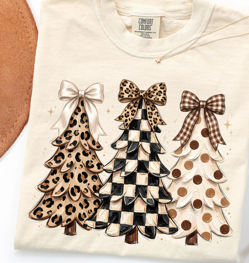 Ivory Comfort Colors tee with bow-topped leopard, checked, and polka-dot Christmas trees