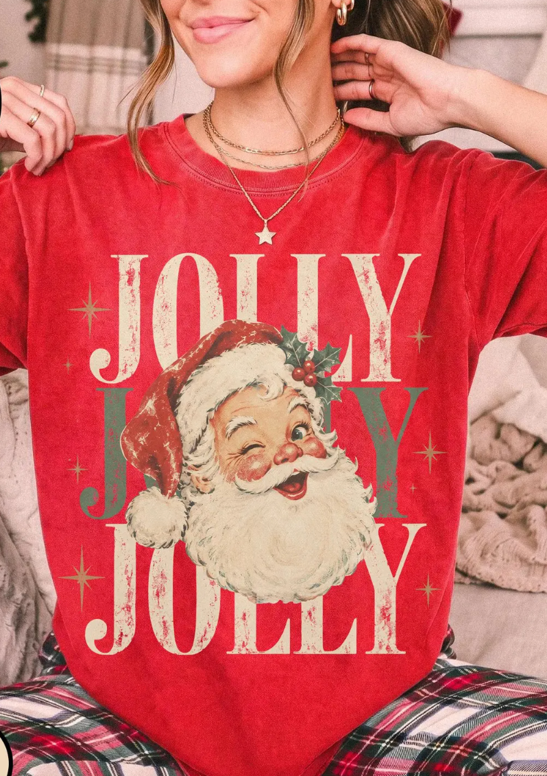 Red Comfort Colors tee featuring vintage Santa and distressed JOLLY lettering