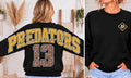 Black Diamond Predators sweatshirt with gold Predators lettering, white diamond script, leopard-print number 13 on the back, and diamond-shaped left-chest team emblem