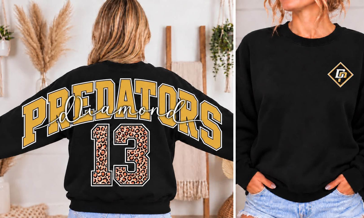 Black Diamond Predators sweatshirt with gold Predators lettering, white diamond script, leopard-print number 13 on the back, and diamond-shaped left-chest team emblem