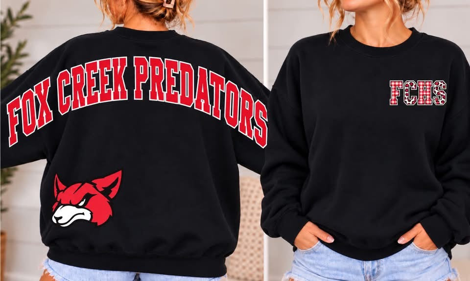 Black Fox Creek Predators sweatshirt with red and white varsity back lettering, fox mascot, and FCHS left-chest initials