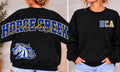 Black Horse Creek Academy sweatshirt shown front and back with small HCA chest design and oversized blue and gold Academy horse graphic back
