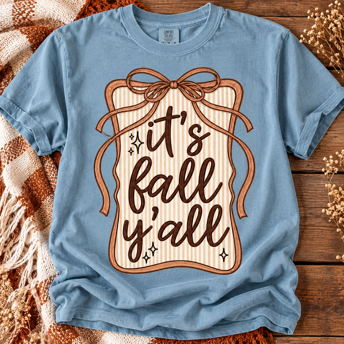 It's Fall Y'all graphic on Yankee Blue Comfort Colors tee in minimal fall flatlay