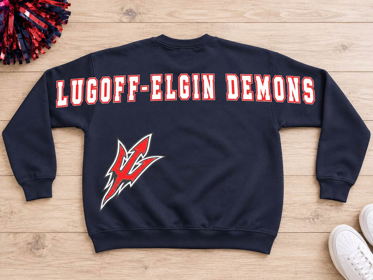 Navy Lugoff-Elgin Demons crewneck sweatshirt full-back design with white red-outline arched lettering and red mascot emblem
