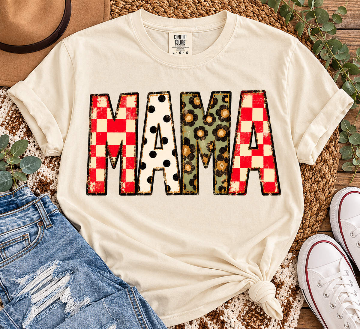 MAMA patchwork graphic shirt in ivory with gingham polka dots leopard floral prints
