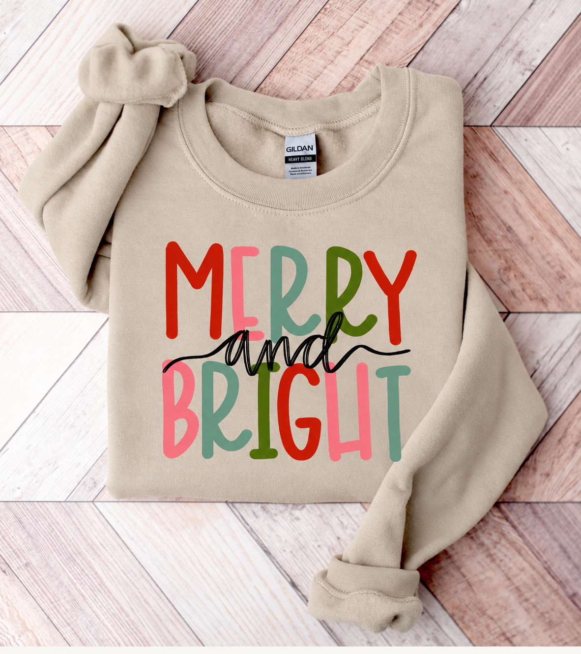 Merry and Bright Christmas print on Gildan 18000 Sand crewneck sweatshirt