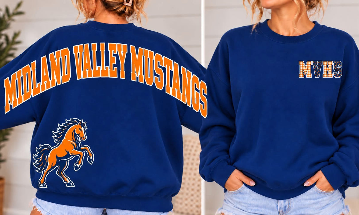 Royal blue Midland Valley Mustangs sweatshirt with orange full-back lettering and horse mascot and patterned MVHS left-chest initials