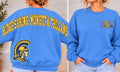 Carolina blue Ridge Spring-Monetta Trojans sweatshirt with gold varsity back lettering, Trojan mascot, and patterned RSM left-chest initials