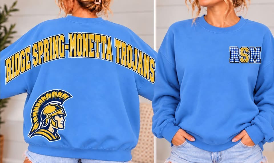 Carolina blue Ridge Spring-Monetta Trojans sweatshirt with gold varsity back lettering, Trojan mascot, and patterned RSM left-chest initials