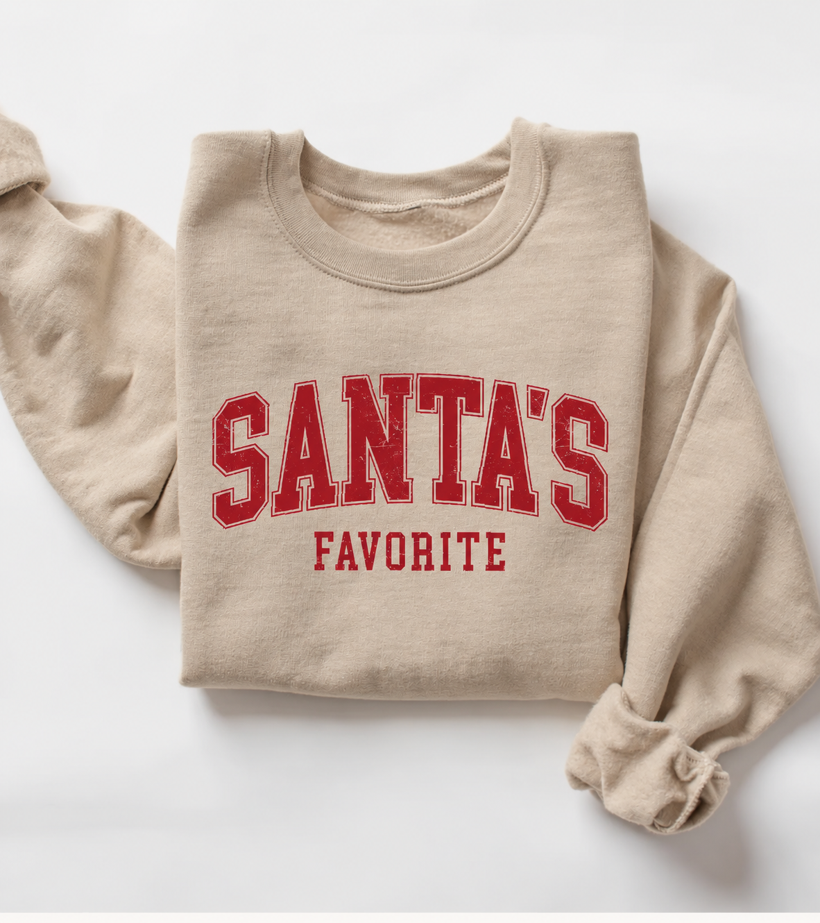 Santa's Favorite red print on Gildan 18000 Sand crewneck sweatshirt