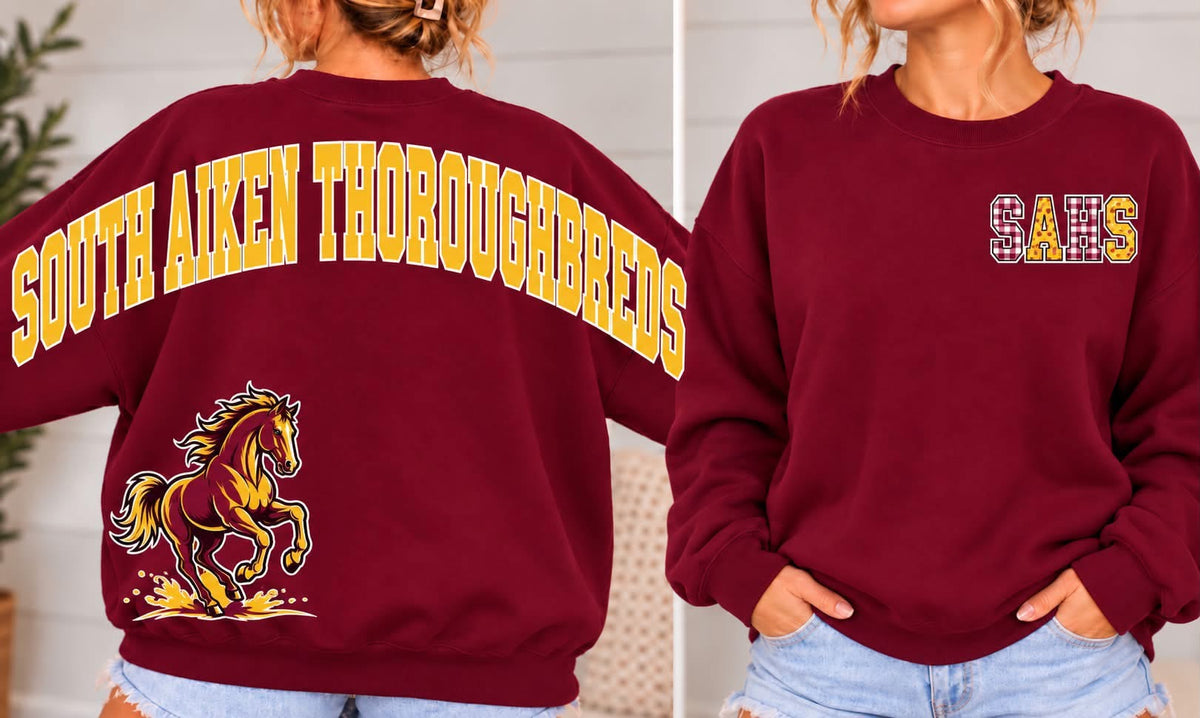 Maroon South Aiken Thoroughbreds sweatshirt showing gold full-back varsity lettering and horse mascot with SAHS left-chest initials