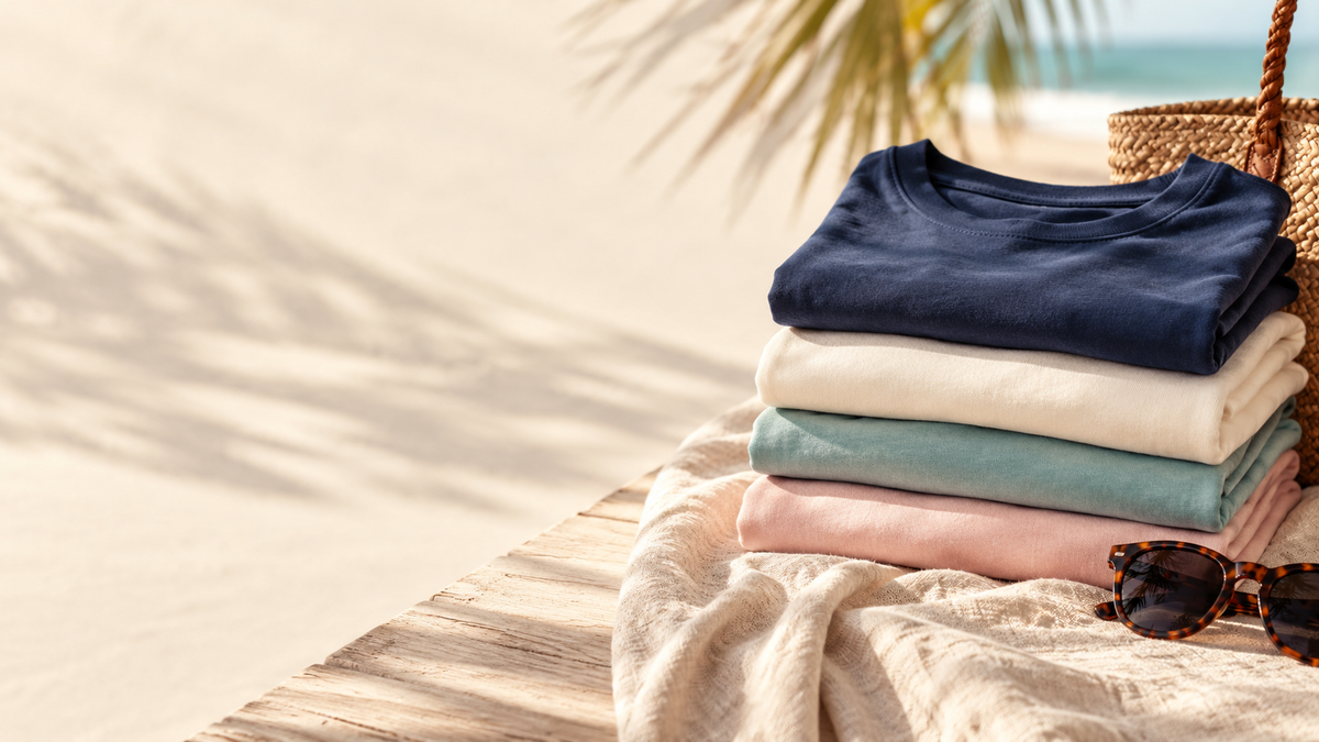 Coastal boutique apparel in navy, cream, teal and pink