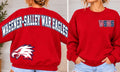Red Wagener-Salley War Eagles sweatshirt with white and navy full-back lettering, eagle mascot, and patterned WSHS left-chest design