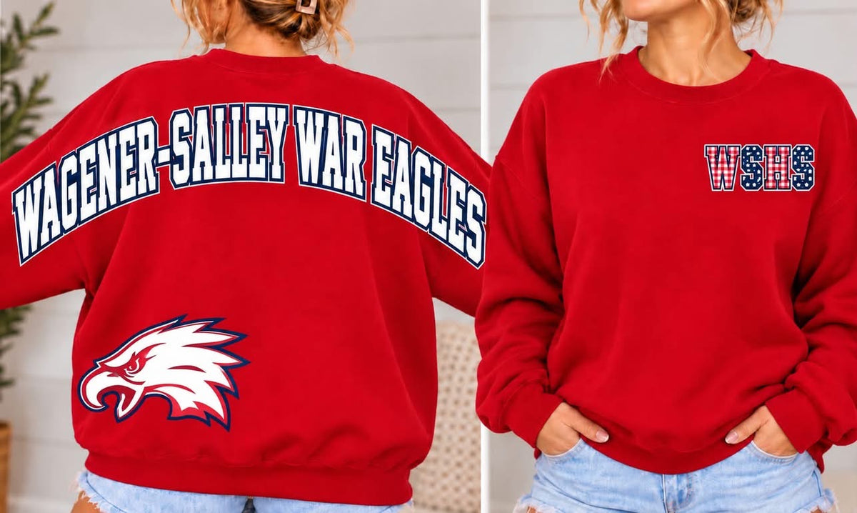 Red Wagener-Salley War Eagles sweatshirt with white and navy full-back lettering, eagle mascot, and patterned WSHS left-chest design